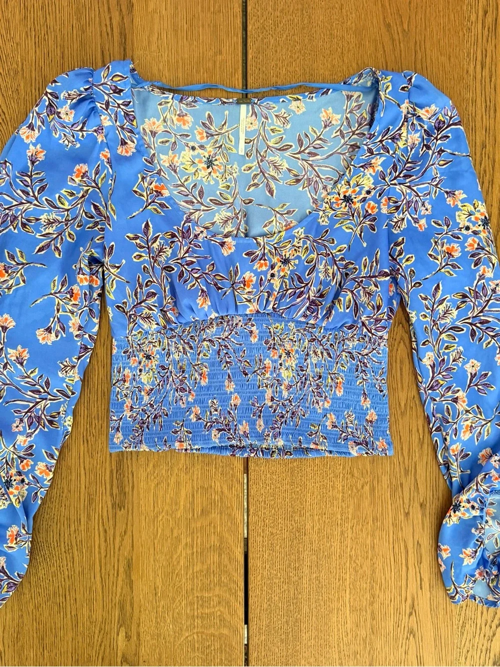 Free People Santiago Blouse Bluebell Floral Smocked Crop Top Boho Puff Sleeve S